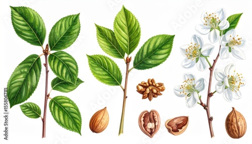 Detailed Botanical Illustration of Leaves, Flowers, and Nuts from Various Plants Showcasing Nature's Beauty and Diversity in a Vibrant Display