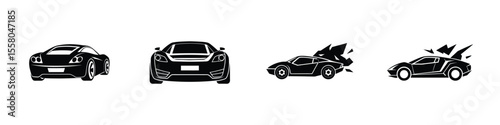 Minimal design of a streamlined sports car rear view speeding forward Flat Silhouette on White Background