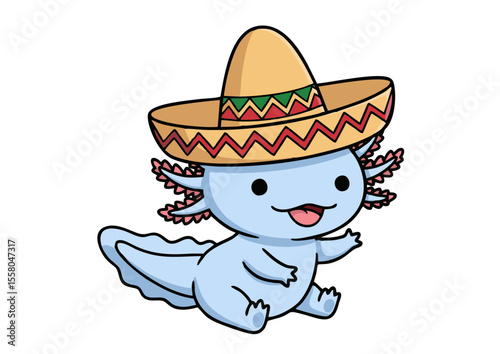 Adorable Cartoon Axolotl Wearing a Sombrero Smiling and Happy.