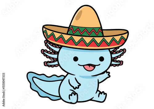 Adorable Cartoon Axolotl in a Colorful Sombrero Hat.