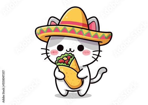 Cute Cat in Sombrero Holding a Taco Wrap.