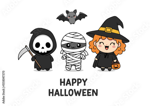 Adorable Kawaii Halloween Trio: Grim Reaper Mummy and Witch.