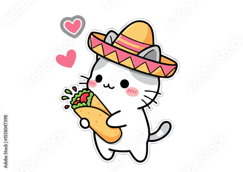 Cute Cartoon Cat with Sombrero Holding Burrito Illustration.