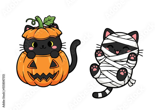 Halloween Cats: Black Cat in Pumpkin and Mummy Cat Cartoon Illustration.
