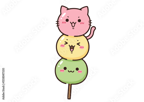 Adorable Stacked Dango with Pink Cat-Shaped Top Happy Expressions.