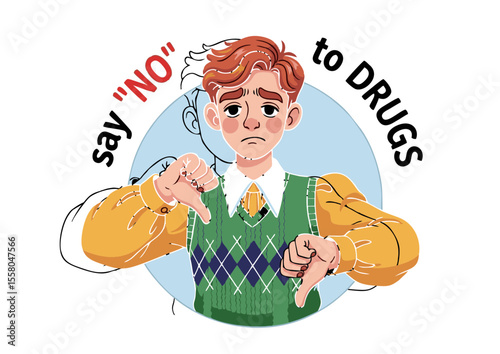 Teenager Showing Thumbs Down to Drugs Anti-Drug Campaign Illustration.
