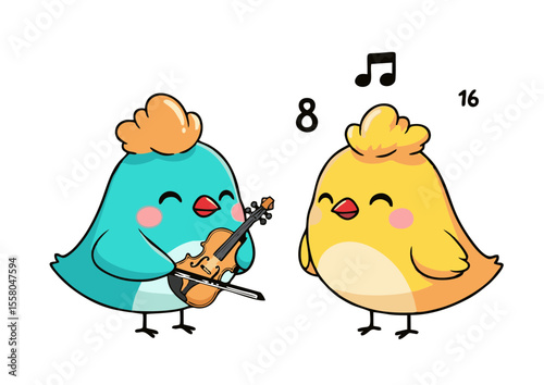 Teal and Yellow Chicks Musical Duet: One Plays Violin.
