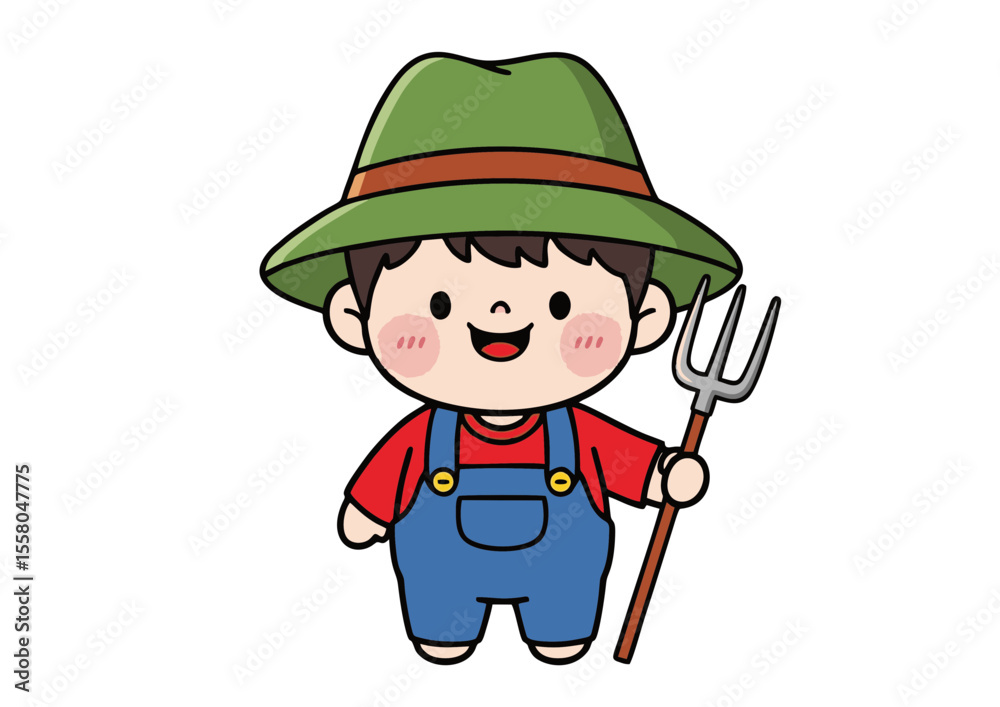 Cheerful Cartoon Farmer Boy with Pitchfork Wearing Overalls and Green Hat. Cheerful Cartoon Farmer Boy with Pitchfork Wearing Overalls and Green Hat.
