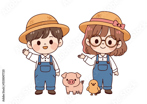 Cartoon Farmers with Pig and Chick Wearing Overalls and Hats Smiling.