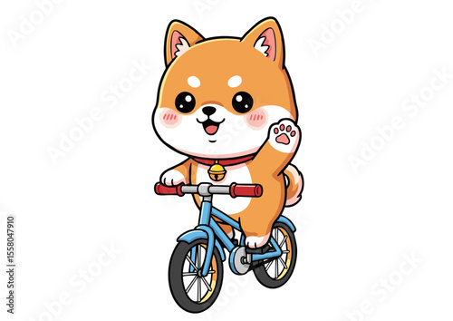 Adorable Shiba Inu Puppy Riding a Blue Bicycle Waving Paw.