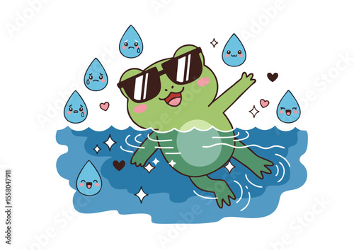 Cute Frog in Sunglasses Swimming in Water with Happy Water Drops.