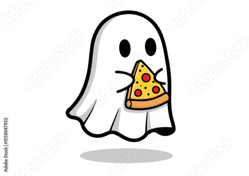Cartoon Ghost Enjoying Pizza Slice Black Outline White Sheet Vector Illustration.