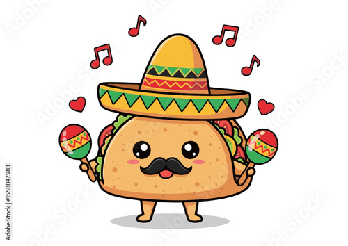 Cute Taco Character in Sombrero with Maracas.