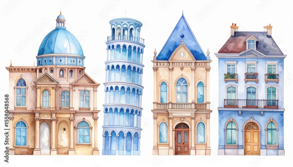 Fototapeta premium Colorful collection of whimsical architectural landmarks featuring unique designs and vibrant details including domes, towers, and decorative facades