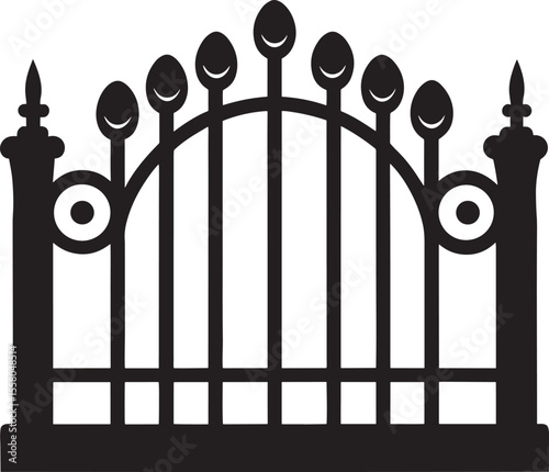 Ornate black silhouette of a decorative gate with finials and arched top isolated on white background