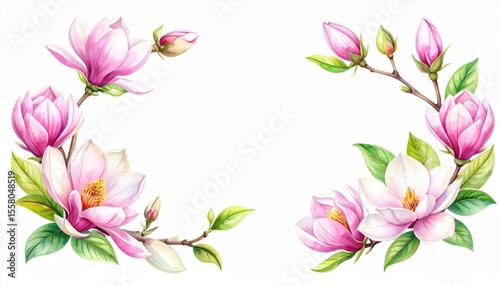 Delicate Pink Magnolia Flowers in a Whimsical Arrangement with Green Leaves Against a Soft White Background