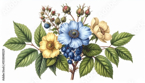 Detailed Floral Arrangement Featuring Colorful Flowers, Ripe Berries, and Vibrant Green Leaves in a Botanical Illustration Style
