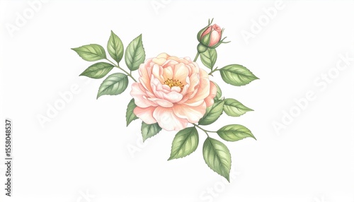 Beautiful hand-drawn rose flower and bud with green leaves on a white background, perfect for floral designs, invitations, and decoration