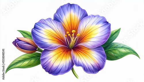 Vibrant Purple and Yellow Flower with Artistic Detail and Green Leaves in a Fresh Botanical Design on a White Background