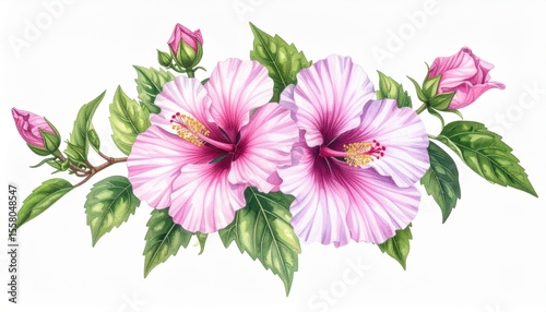 Beautiful pink hibiscus flowers with buds and green leaves, vibrant botanical illustration showcasing nature's elegance and intricate details for artistic projects