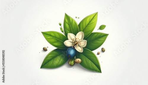 Vibrant Illustration of Green Leaves and Flower with Blue Fruit on a Clean White Background