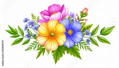 Vibrant Floral Arrangement with Colorful Flowers, Lush Green Leaves, and Delicate Spring Themes for Nature Inspired Designs and Illustrations