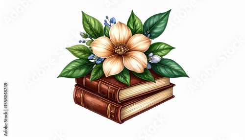 Elegant floral arrangement atop vintage books with intricate details featuring a cream flower and lush green leaves in a charming composition