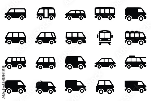Minibus icon set in multiple vector styles including filled, outline, line, and stroke, perfect for web, mobile apps, and ui design

