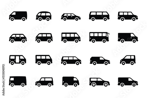 Variety of minibus vector icons in outline, filled, and stroke styles designed for interface design, apps, and responsive web use

