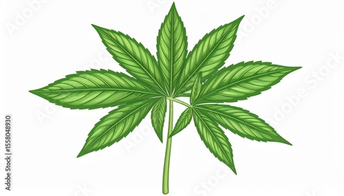 Realistic Illustration of a Green Cannabis Leaf with Detailed Veins and Textures on a Clean White Background for Botanical Use