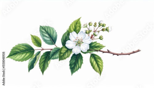 Delicate White Flower Blossom with Green Leaves and Buds on a Branch in a Clean and Bright Background for Floral Design and Nature Themes