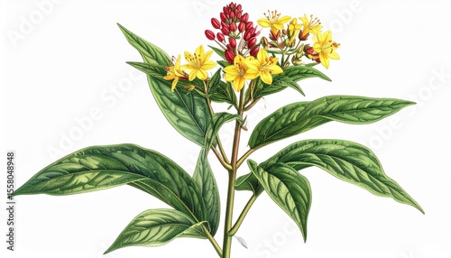 Detailed Illustration of Flowering Plant with Yellow Blossoms and Green Leaves, Featuring Vibrant Colors and Intricate Details in Botanical Art Style