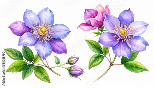 Vibrant Watercolor Floral Arrangements Featuring Blue and Pink Flowers with Green Leaves in Delicate Artistic Style