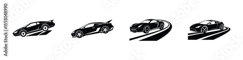 Sculpted Low-Angle Perspective of Sports Car Cutting Through Air Flat Silhouette on White Background