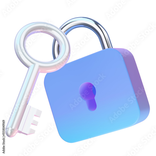 Lock and key 3d rendering illustration icon.