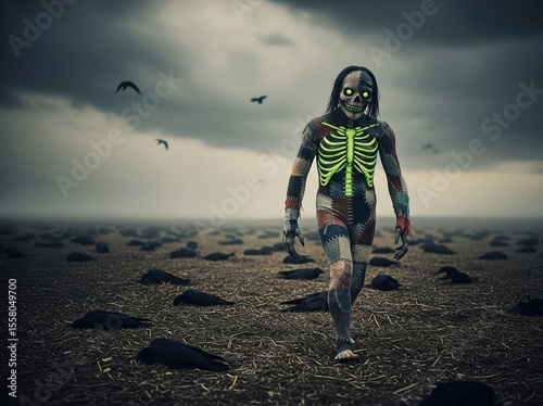 Lightning Illuminates Grotesque Monster With Exposed Ribs and Crow Corpses Beneath Sky Filled With Dread