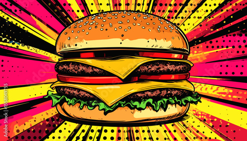 Pop Art Style Double Cheeseburger Illustration with Bold Comic Background Featuring Lettuce, Tomato, and Melting Cheese