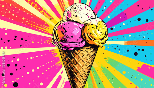 Pop Art Ice Cream Cone Illustration with Colorful Scoops and Explosive Comic Style Background in Bright Summer Colors