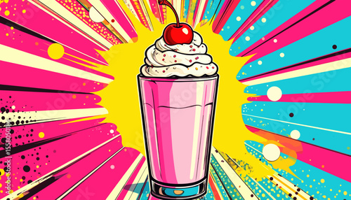 Pop Art Pink Milkshake with Whipped Cream and Cherry on Top in Colorful Retro Comic Style with Explosive Background