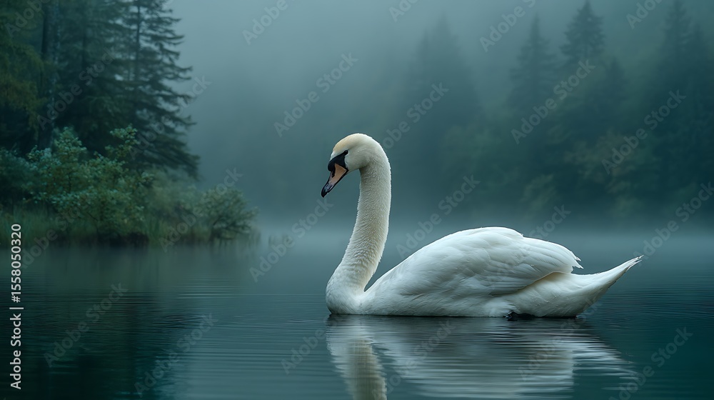 Fototapeta premium Swan gliding on misty lake