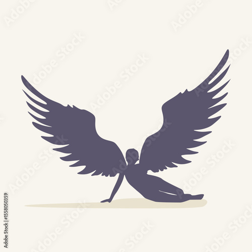 Fantasy woman angel with huge bird wings. Resting lady goddess.