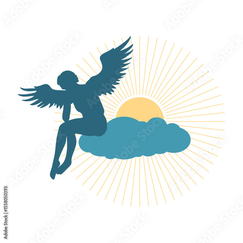 Fantasy woman angel with huge bird wings. Lady goddess sitting on cloud.