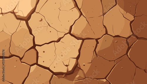 Vector Illustration of Cracked Dry Soil Texture with Deep Fissures in Brown Tones Representing Drought and Arid Land