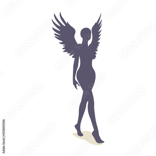 Fantasy woman angel with huge bird wings. Lady goddess.