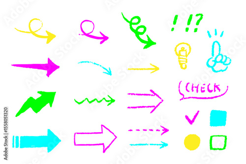 手書き風の矢印と記号セット（蛍光）— ポップで目を引くカラフル素材