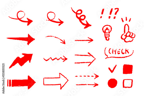 手書き風の矢印と記号セット（赤）— ラフで目を引く赤インク素材
