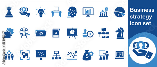 Business strategy icon set, strategy, business, hand, idea, teamwork, goal, stroke, set, outline, line, thin, symbol, growth, management, leadership, concept, success and more