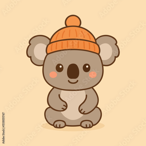 Cozy Koala Cartoon Illustration A charming cartoon koala wearing a warm beanie, radiating warmth and happiness. This cheerful image captures the playful essence of the Australian wilderness.