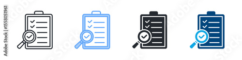 Audit Icon Set Multiple Style. Designed In Outline, Blue, Glyph, Dual Tone
