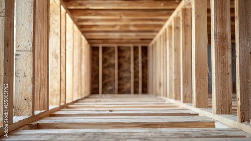 A wooden hallway with wooden beams and walls, illuminated by natural light from the windows at the end.